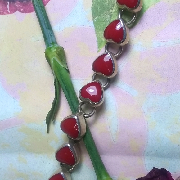 ❤️ .925 Silver Mexican Red Enamel Heart Love Link Bracelet - Picture 3 of 7